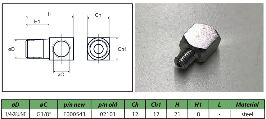 Stud elbow adapter 90° 1/4-28 UNF 1/8" F000543