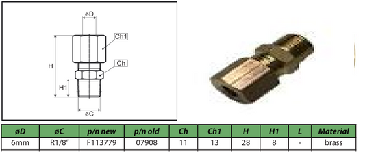 Male stud coupling 6mm R1/8" Brass F113779