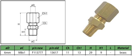 Male stud coupling 6mm M8x1 Brass F113777